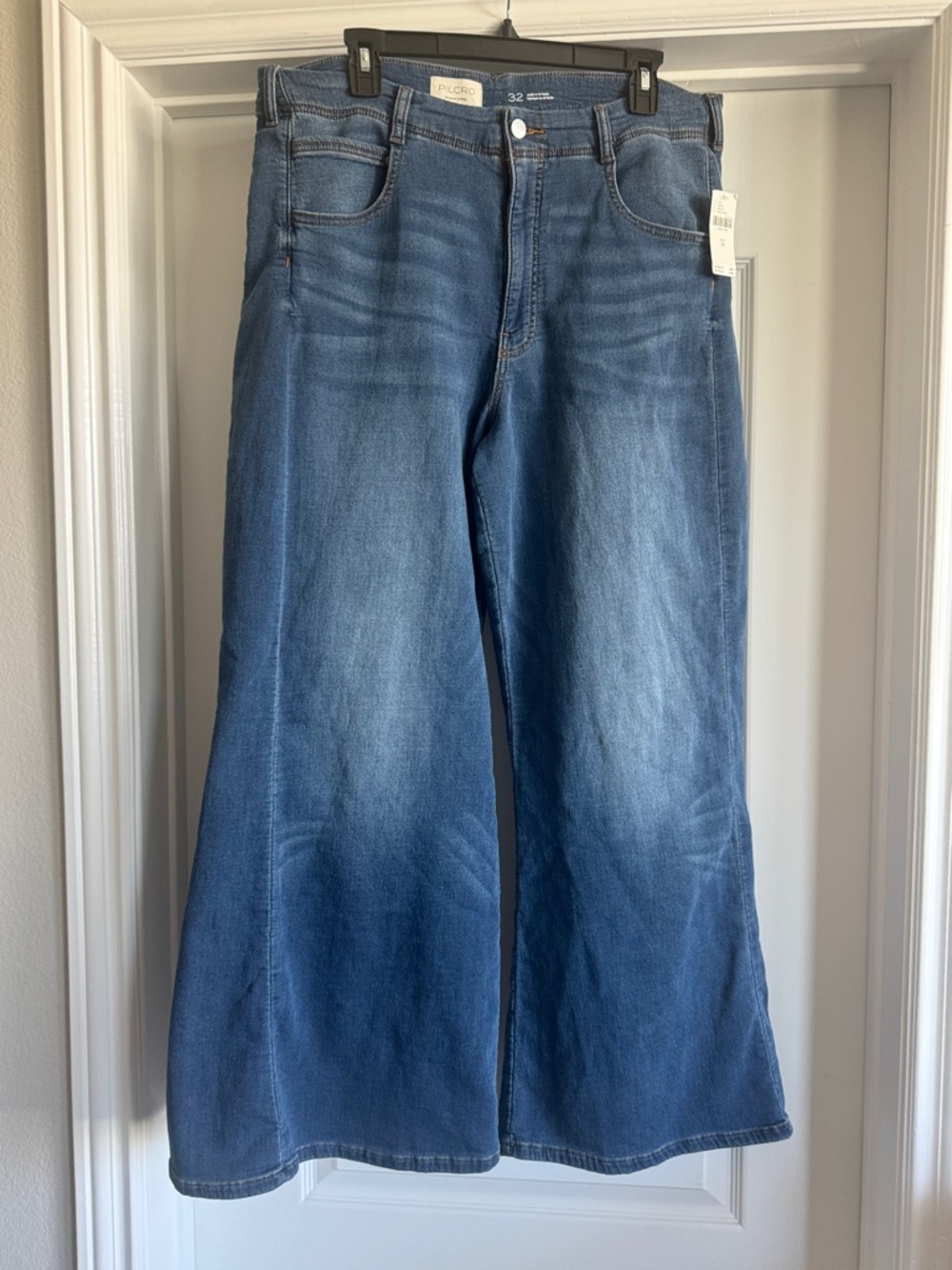 Pilcro Wide-Leg Flare Jeans in Medium Blue Wash
